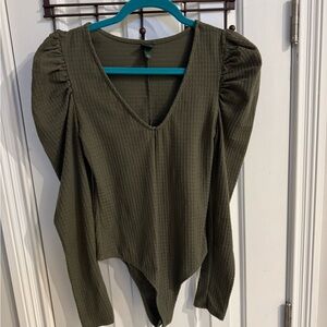 Wild Fable Dark Olive Bodysuit w/ Long Puffed Sleeves